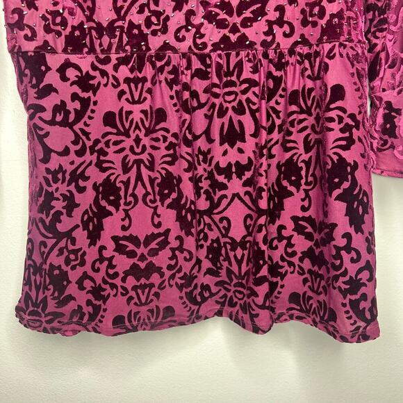 VTG Notations Burgundy Velvet Burnout Babydoll Top Size S Flutter Sleeve Y2K - Picture 4 of 12